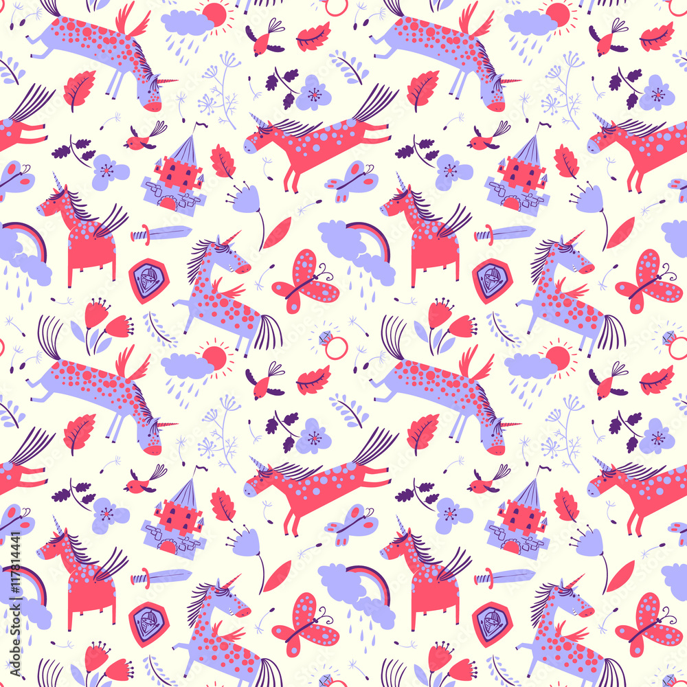 Vector cute floral seamless pattern with magic unicorns
