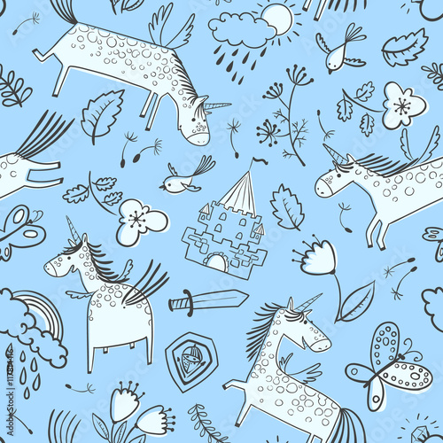 Vector doodle seamless pattern with magic unicorns