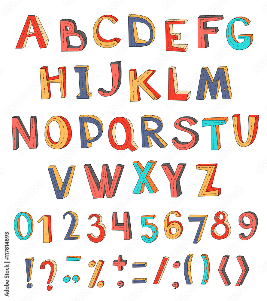 Colorful vector abstract alphabet with numbers and symbols.