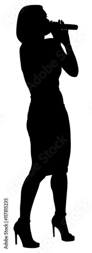 Popular singer super star vector silhouette illustration isolated on white background. Attractive music artist on the stage. Singer woman, girl artist against public on concert.