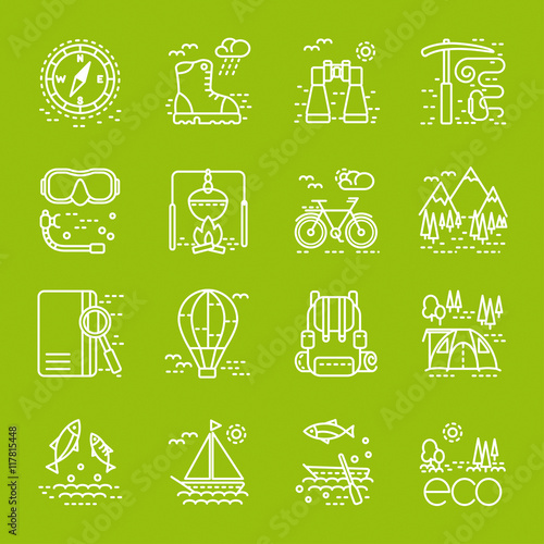 Eco tourism icons set on green background