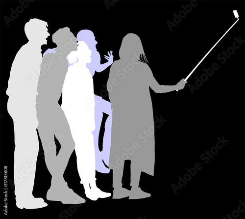 Selfie teenagers tourists taking pictures vector silhouette illustration isolated on black background. Taking selfie - hand hold monopod with mobile phone.