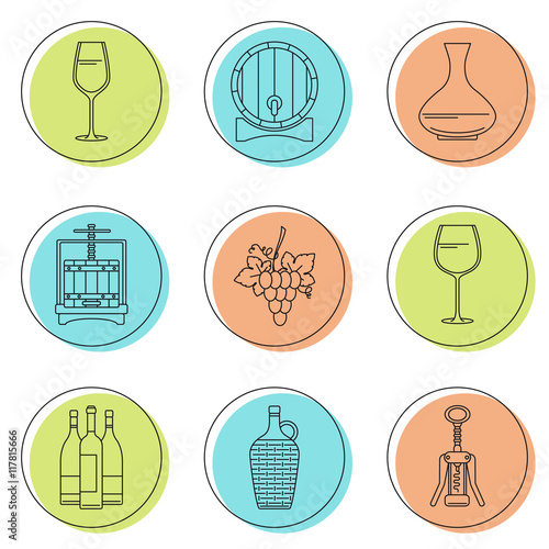 Collection of line style winemaking icons on colorful circles