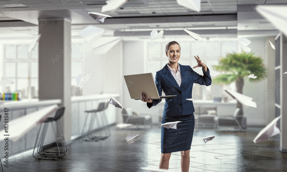 Woman with laptop in hands . Mixed media Woman with laptop in hands . Mixed media