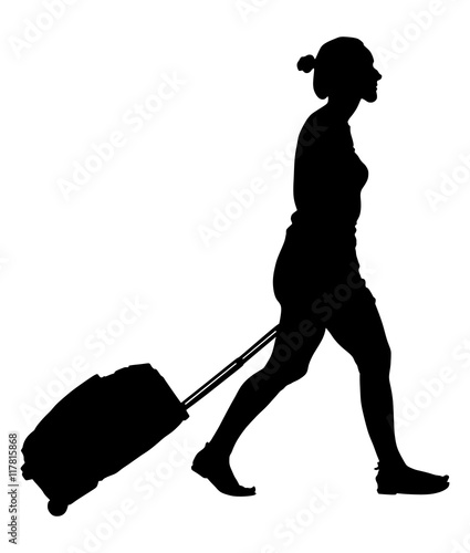 Tourist woman traveler walking and carrying his rolling suitcase vector silhouette illustration isolated on white background.