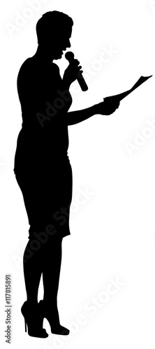 Show host woman speaking on the microphone vector silhouette illustration. Head announces present event. Announcement of the program. Hostess on stage. 