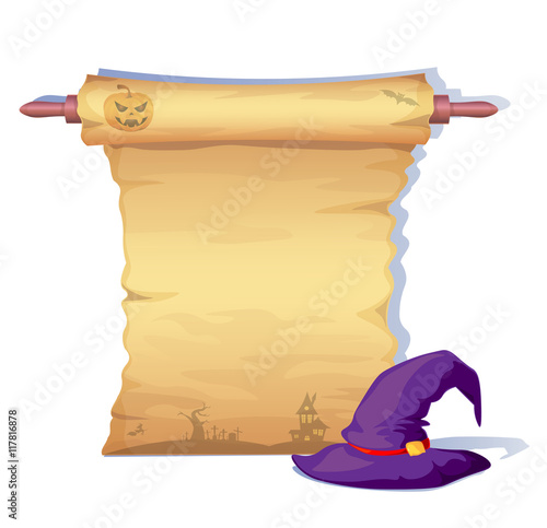 Halloween banner with blank paper scroll and hat
