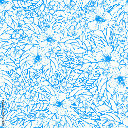 Summer colorful hawaiian seamless pattern with tropical plants and hibiscus flowers.
