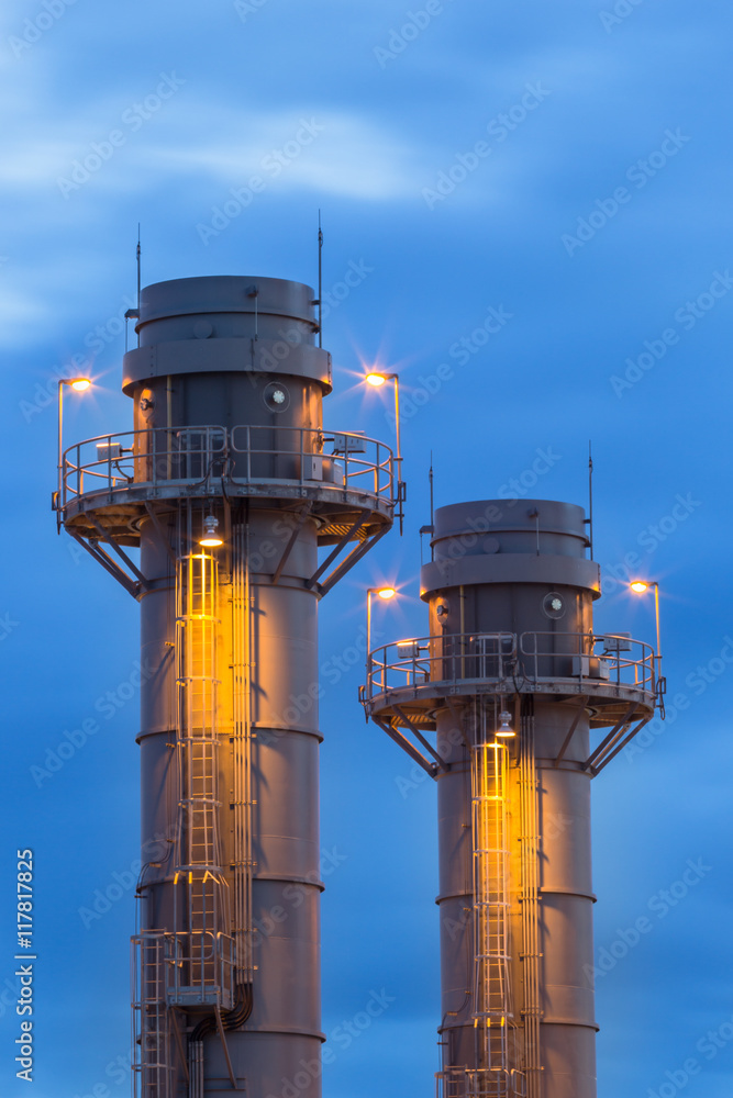 Top of tower at Gas turbine electrical power plant Top of tower at Gas turbine electrical power plant