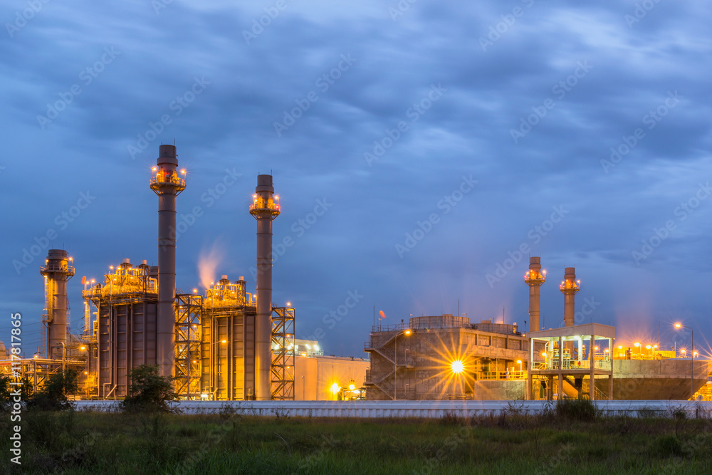 Gas turbine electrical power plant at dusk (twilight)