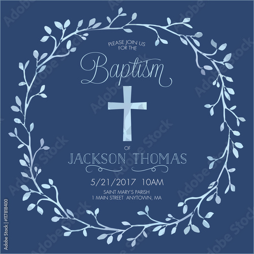 Blue Boy's Baptism/Christening/First Communion/Confirmation Invitation with Watercolor Cross and Floral Wreath Design - Vector photo