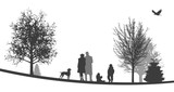 Winterliche Landschaft | Junge Familie spielt mit Hund im Park