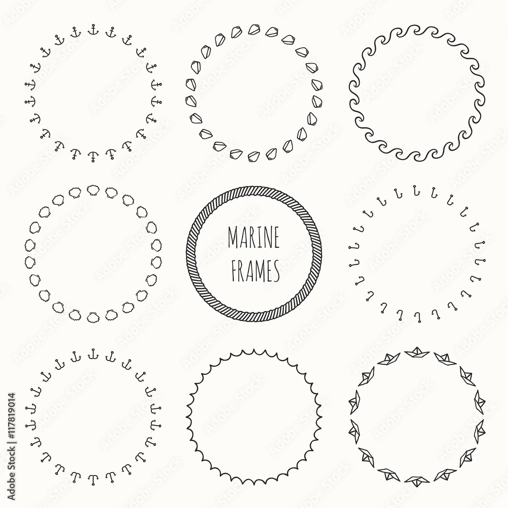 Set of hand drawn nautical hipster pattern. Wreath for invitations and birthday cards. Abstract vector background. Illustration. Graphic style. Doodle art design elements. Marine frame collection. Sea
