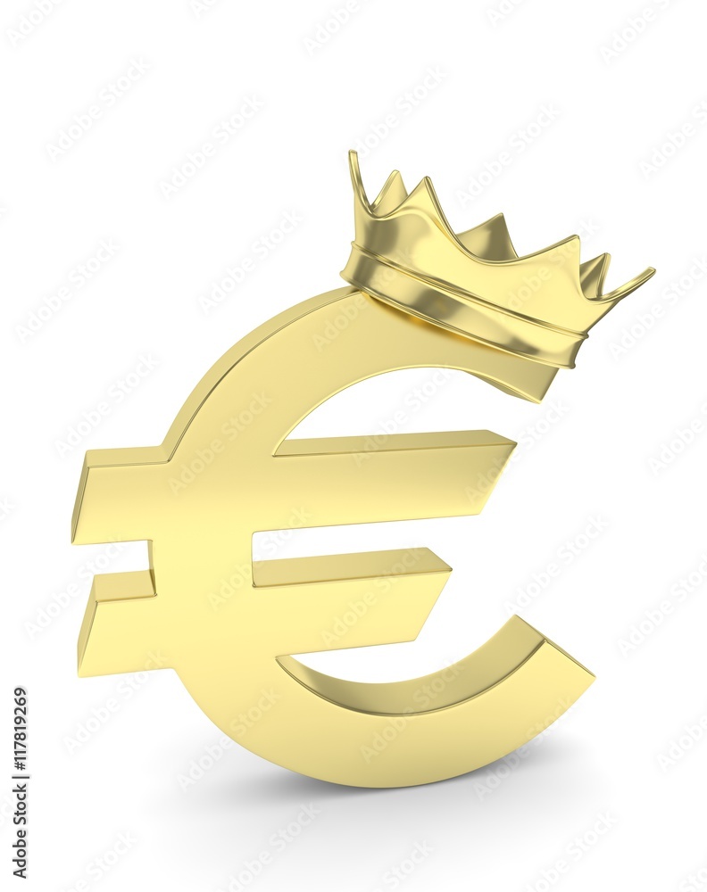 Fototapeta premium Isolated golden euro sign with golden crown on white background. Concept of making profit, income. Currency sign. European money. 3D rendering.