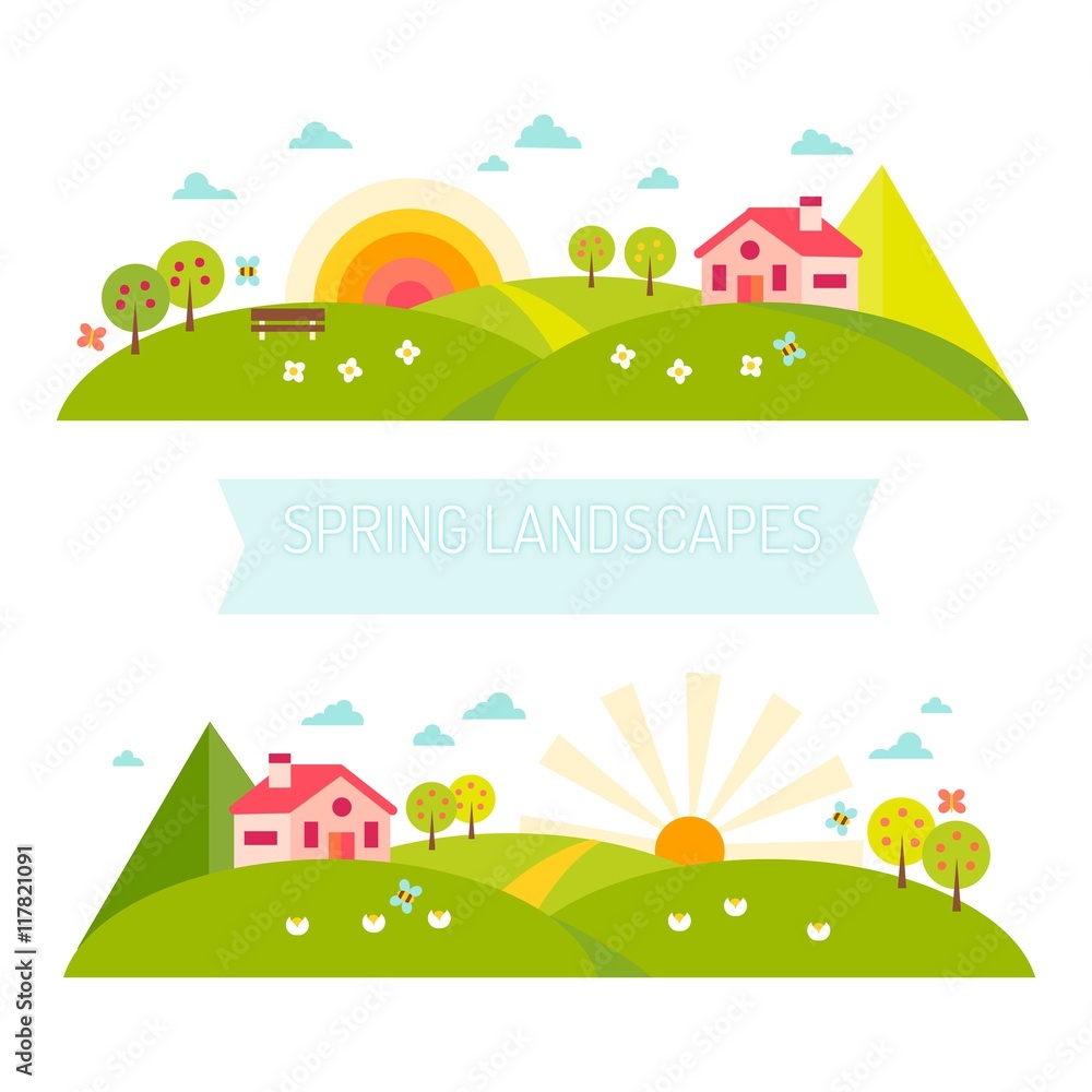 Spring landscapes banners in flat design
