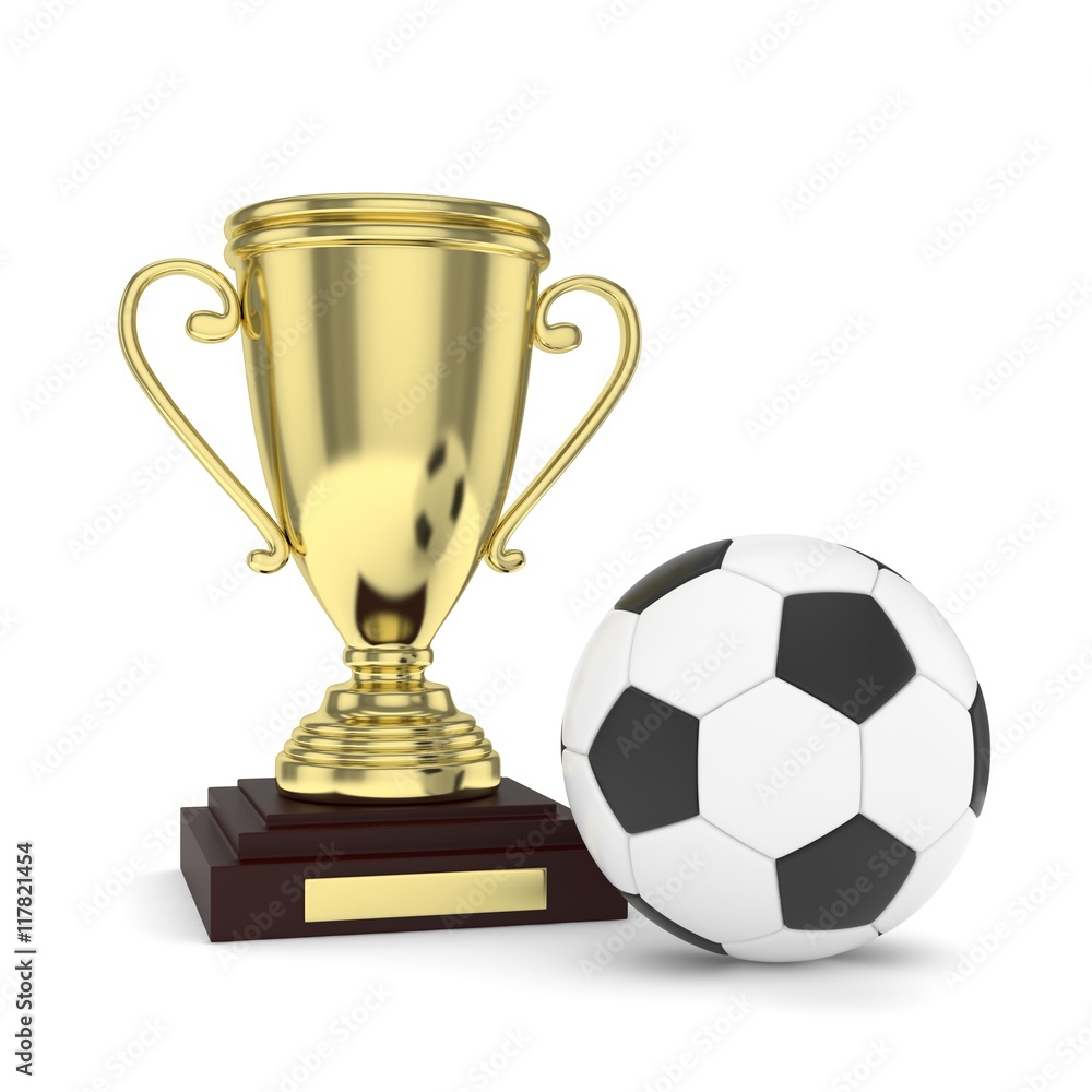 Isolated golden cup with ball on white background. Soccer and football. First place trophy. Game and competition. 3D rendering Isolated golden cup with ball on white background. Soccer and football. First place trophy. Game and competition. 3D rendering