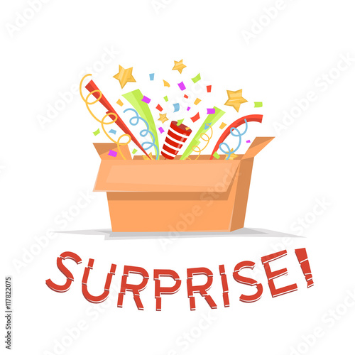 Gift cardboard box with surprise text. Open gift box with confetti, stars. Magic box isolated. Vector illustration.