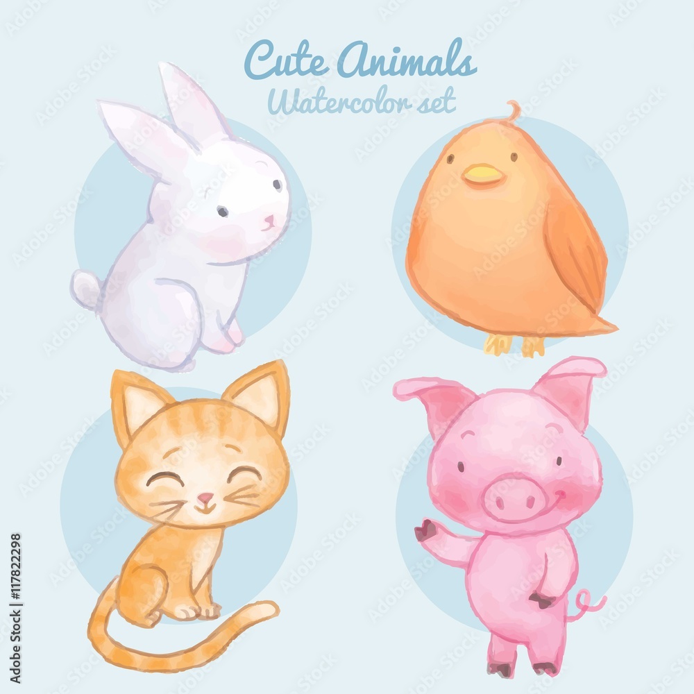 Watercolor cute animals set