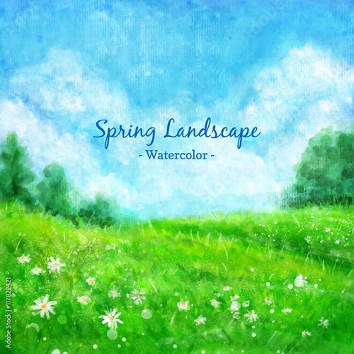 Watercolor spring green landscape