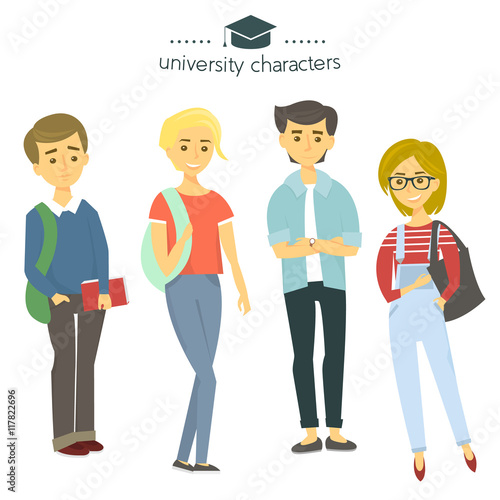 Student group isolated on white. University characters. Students with books. Vector Illustration.