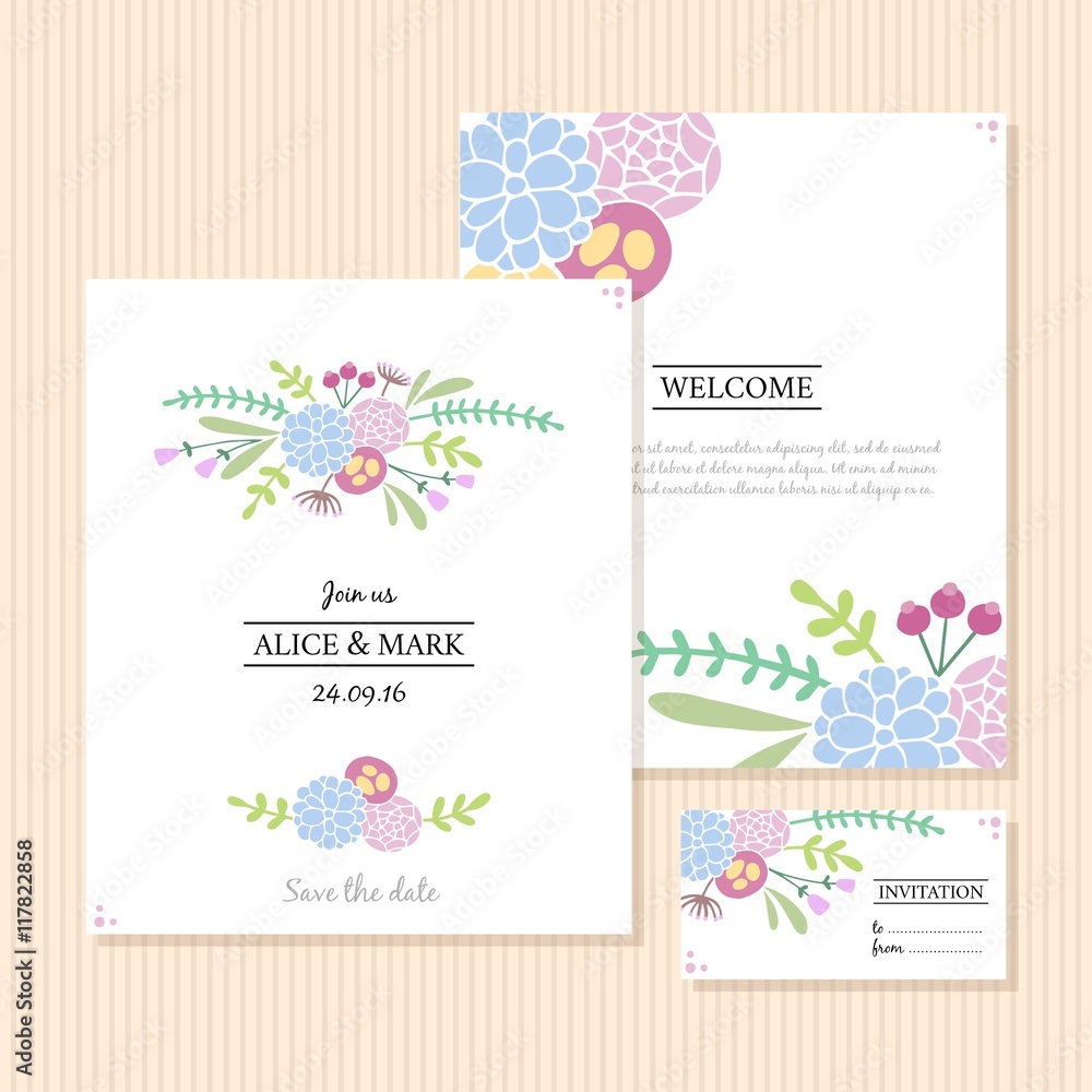 Cute hand drawn flowers wedding invitations