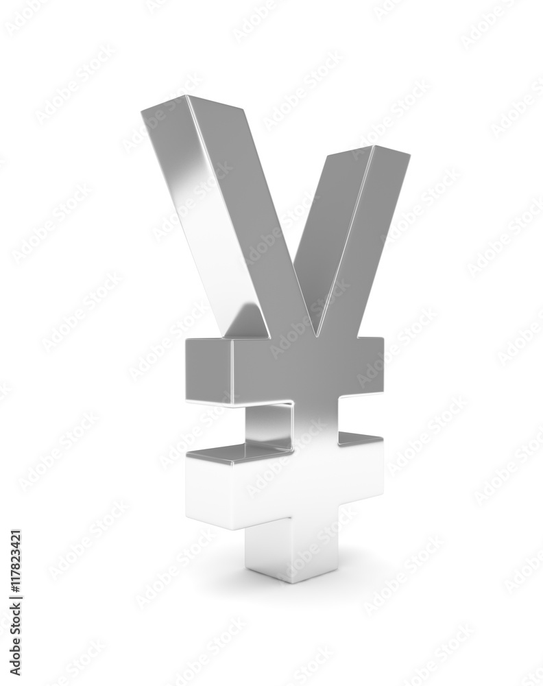 Fototapeta premium Isolated silver yen yuan sign on white background. Chinese japanese currency. Concept of investment, asian market, savings. Power, luxury and wealth. 3D rendering.