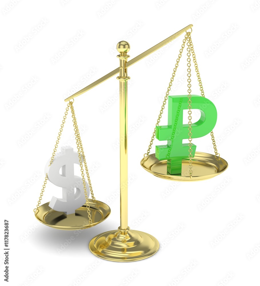 Isolated old fashioned pan scale with dollar and ruble on white background. American and russian currency. Dollar is heavier. Silver usd, green rouble. 3D rendering. Isolated old fashioned pan scale with dollar and ruble on white background. American and russian currency. Dollar is heavier. Silver usd, green rouble. 3D rendering.