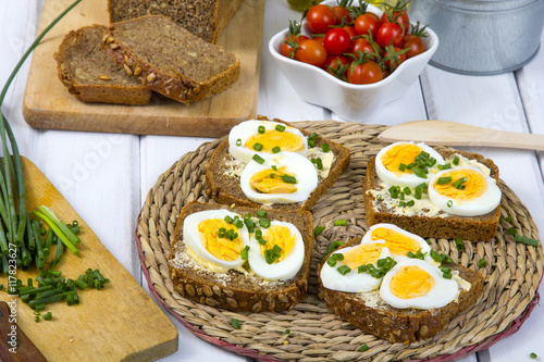 delicious sandwiches with of wholemeal bread with eggs and chives