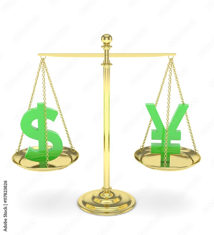 Isolated old fashioned pan scale with dollar and yuan,yen on white background. American and chinese and japanese currency. Currency equality. Green money. 3D rendering. Isolated old fashioned pan scale with dollar and yuan,yen on white background. American and chinese and japanese currency. Currency equality. Green money. 3D rendering.
