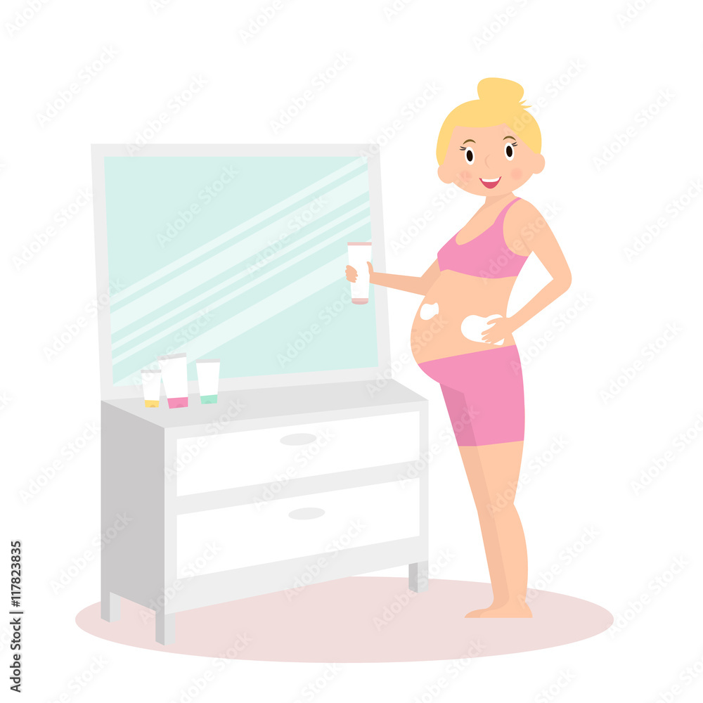 Pregnant woman health care. Cute pregnant woman near mirror with cream. Vector illustration Pregnant woman health care. Cute pregnant woman near mirror with cream. Vector illustration