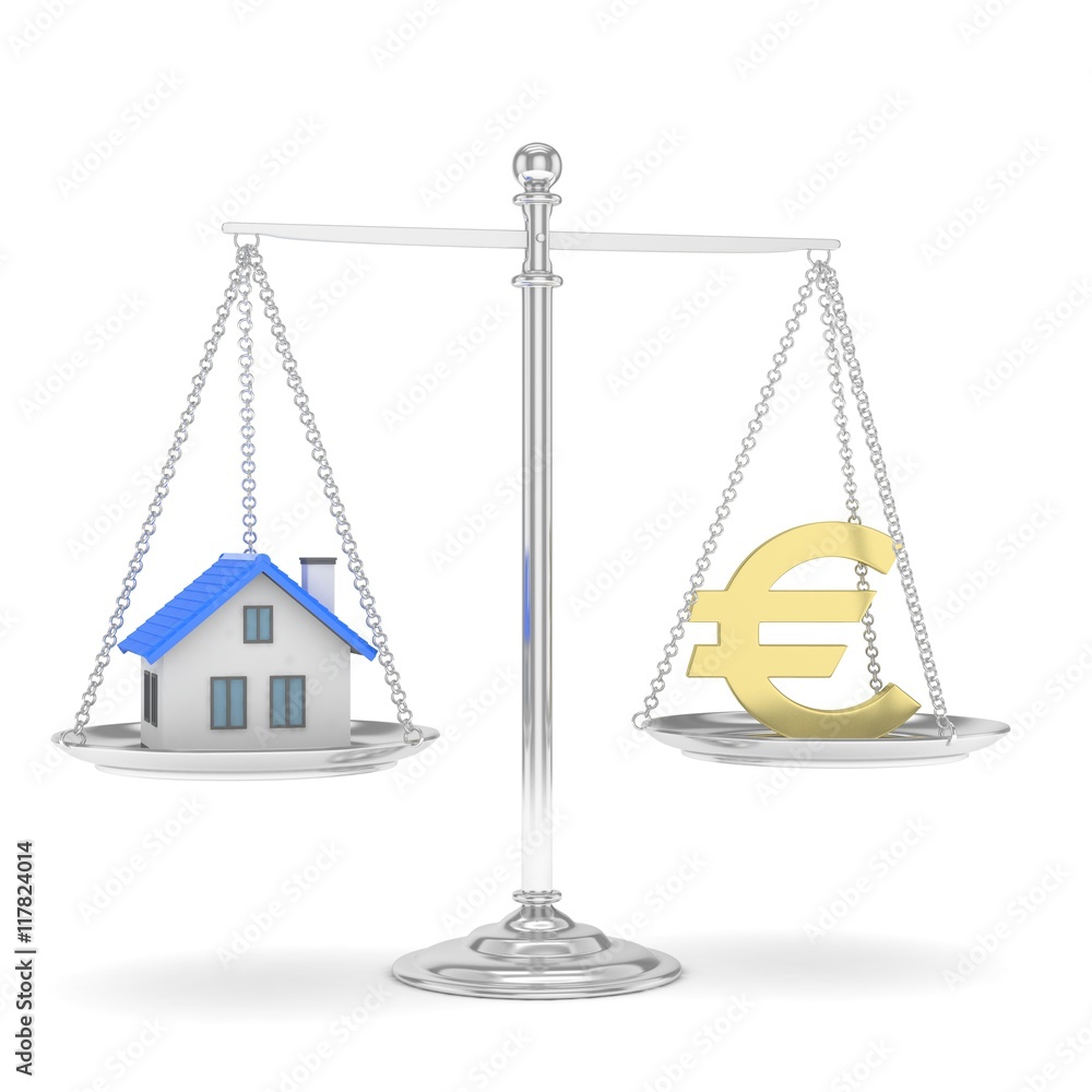 Isolated silver scales with golden euro and house on white background. Investment or savings concept. Real estate and currency. 3D rendering. Isolated silver scales with golden euro and house on white background. Investment or savings concept. Real estate and currency. 3D rendering.