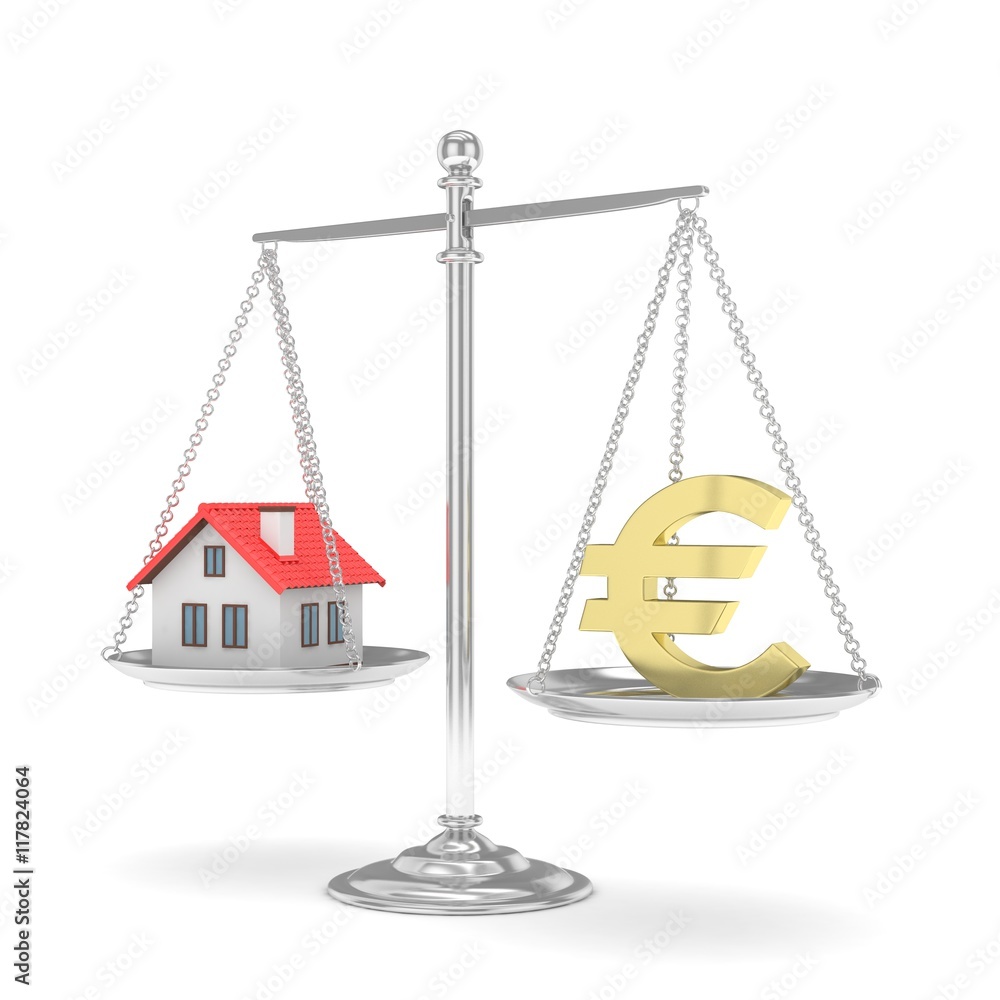 Isolated silver scales with golden euro and house on white background. Investment or savings concept. Real estate and currency. 3D rendering. Isolated silver scales with golden euro and house on white background. Investment or savings concept. Real estate and currency. 3D rendering.