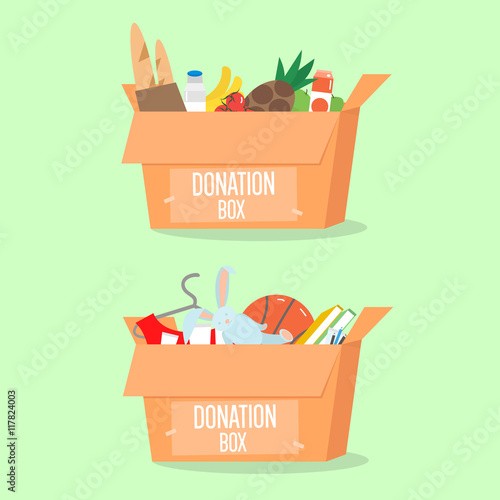 Donation boxes set. Box with different type of donation isolated. Vector Illustration