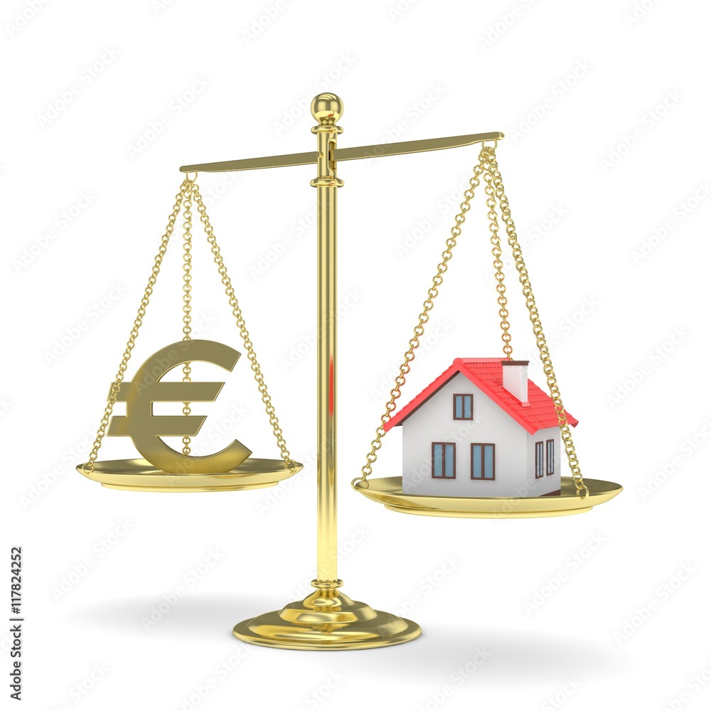 Isolated golden scales with golden euro and house on white background. Investment or savings concept. Real estate and currency. 3D rendering. Isolated golden scales with golden euro and house on white background. Investment or savings concept. Real estate and currency. 3D rendering.