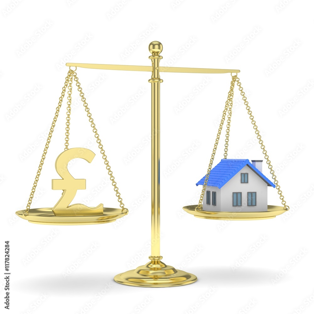 Isolated golden scales with golden pound and house on white background. Investment or savings concept. Real estate and currency. 3D rendering. Isolated golden scales with golden pound and house on white background. Investment or savings concept. Real estate and currency. 3D rendering.