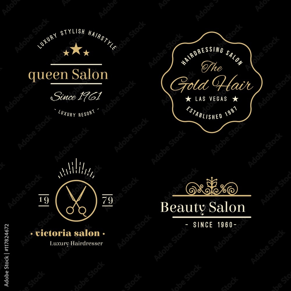 Hand drawn golden elegant hairdressing logos 