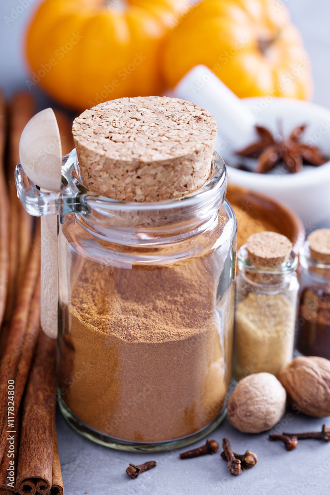 Pumpkin pie spice in a glass jar with ingredients Pumpkin pie spice in a glass jar with ingredients