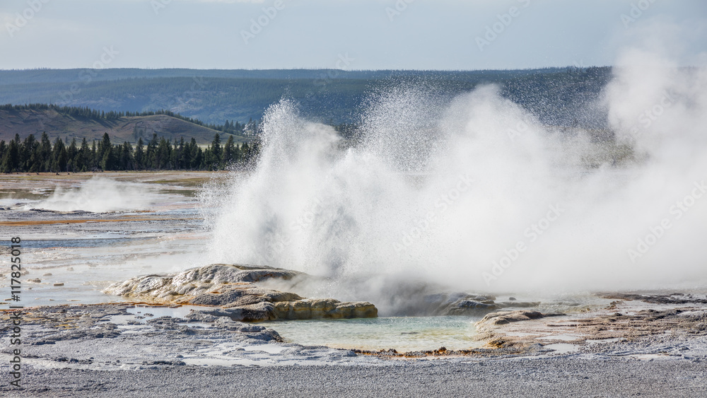 Erupting geyser with steam. Fountain Paint Pots. Yellowstone National Park, Wyoming Erupting geyser with steam. Fountain Paint Pots. Yellowstone National Park, Wyoming