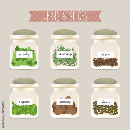 Herbs and spices inside the bottles