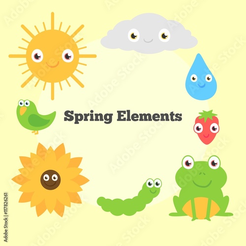 Cartoon spring animals and nature elements