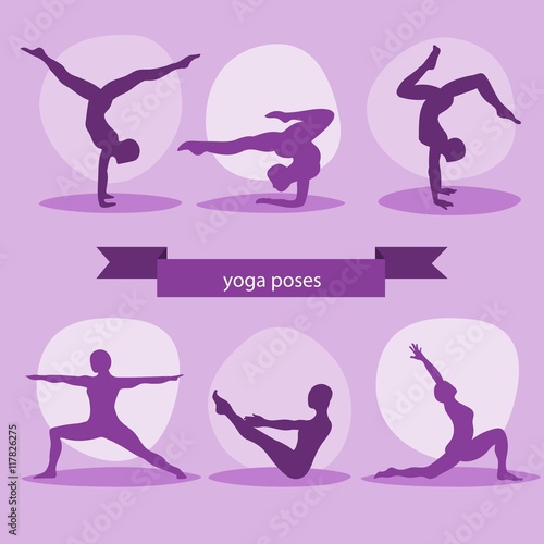 Fototapeta Purple silhouettes yoga poses pack