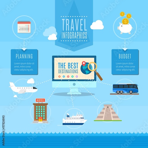 Hand drawn travel infography in blue color