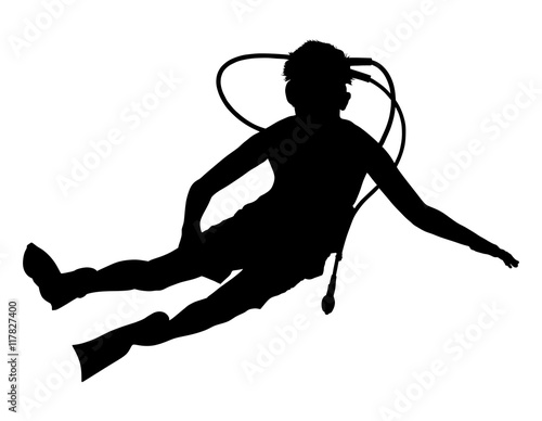 Scuba diving silhouette vector illustration isolated on white background.. Sport underwater, water sea, glove and flashlight, mask and snorkel. Diving school, Scuba school. Beach fun, fishing,swimming