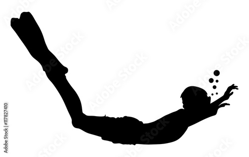 Scuba diving silhouette vector illustration isolated on white background.. Sport underwater, water sea, mask and snorkel. Diving school, Scuba school. Beach fun, fishing,swimming boy