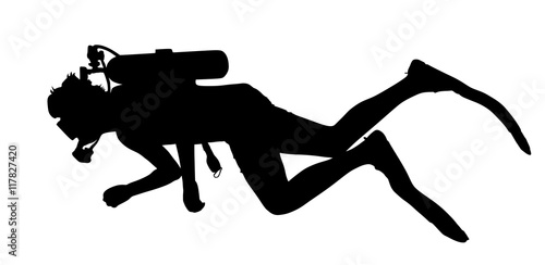 Scuba diving silhouette vector illustration isolated on white background.. Sport underwater, water sea, glove and flashlight, mask and snorkel. Diving school, Scuba school. Beach fun, fishing,swimming