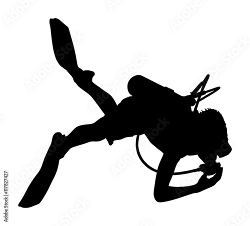 Scuba diving silhouette vector illustration isolated on white background.. Sport underwater, water sea, glove and flashlight, mask and snorkel. Diving school, Scuba school. Beach fun, fishing,swimming