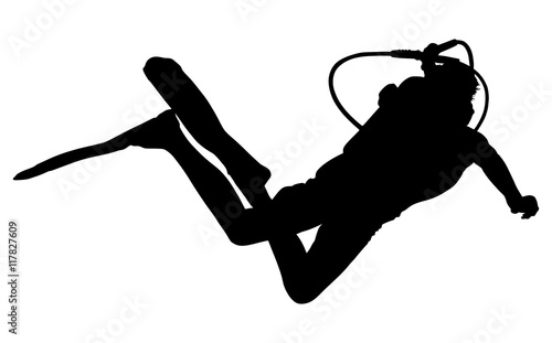 Scuba diving silhouette vector illustration isolated on white background.. Sport underwater, water sea, glove and flashlight, mask and snorkel. Diving school, Scuba school. Beach fun, fishing,swimming