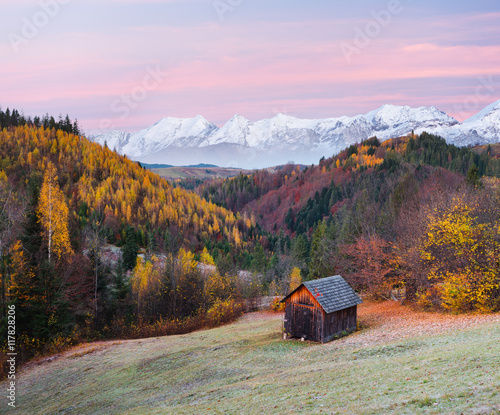 Autumn Landscape with a wooden house in the mountains © Oleksandr Kotenko