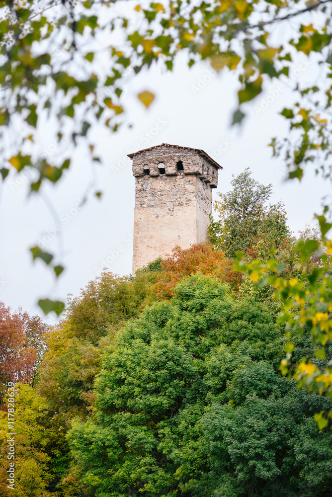 Old stone tower in the Georgian town of Mestia