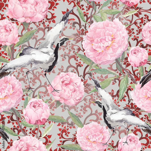 Crane birds, peony flowers. Floral repeating ornate pattern. Watercolor